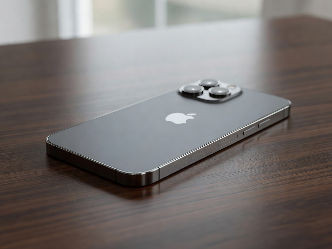 Real photograph of Apple iPhone resting on table showing matte glass back and titanium frame