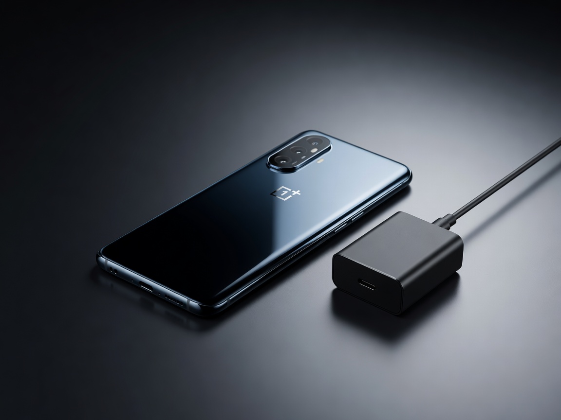 Real photograph of OnePlus Nord series smartphone showcasing high gloss rear panel and fast charging adapter