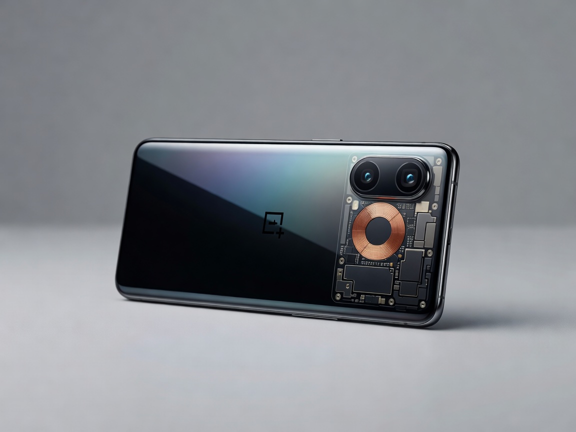 Real photograph of OnePlus sleek Android smartphone showing reflective back panel and rapid charge hardware