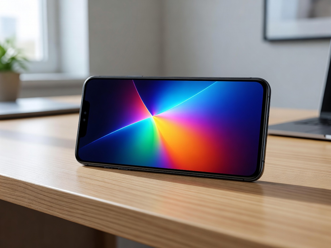 Real photograph of Xiaomi smartphone resting on desktop showing high brightness Flow AMOLED panel