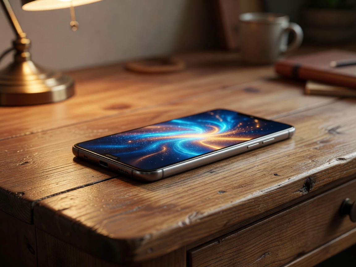 Real photograph of Xiaomi smartphone resting on wooden workspace with glowing display
